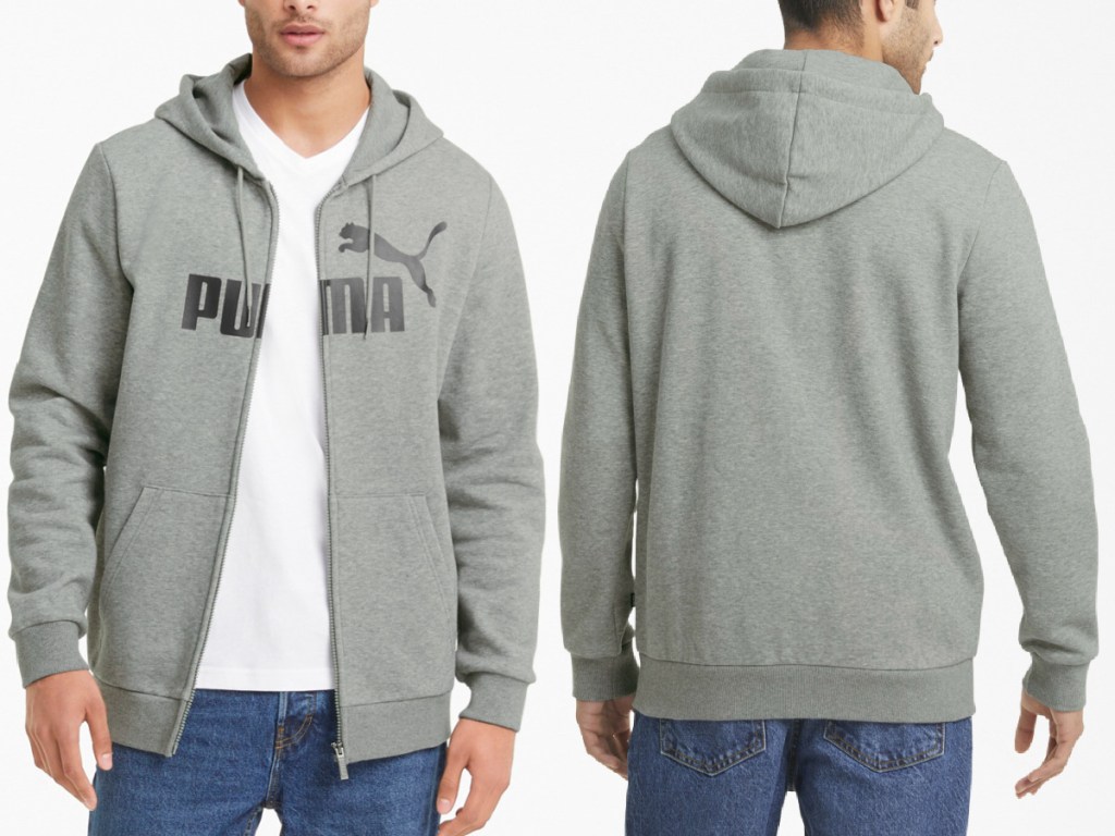 man wearing Puma Brand sweatshirt showing front and back view