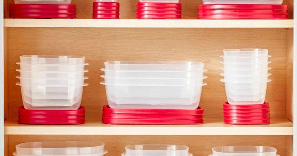 plastic containers in a cabinet
