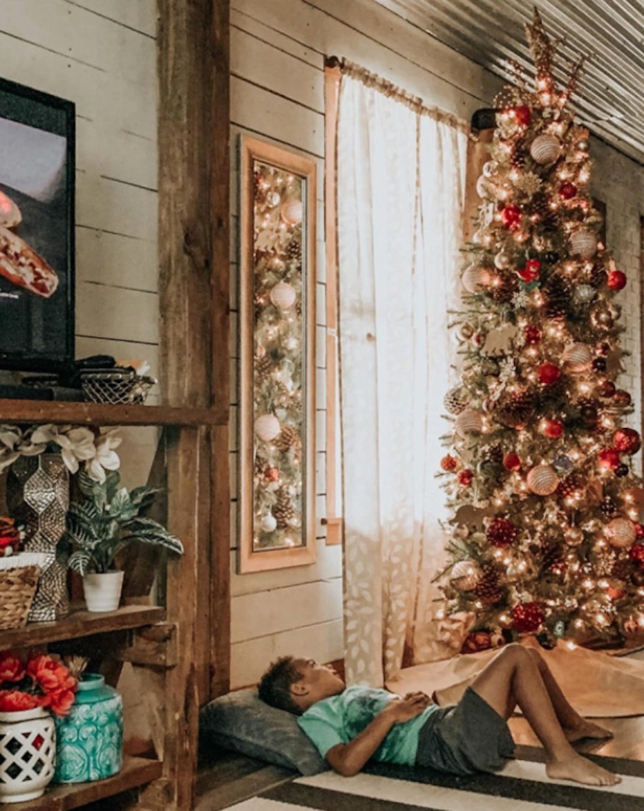 skinny tree in living room with boy on floor staring at it