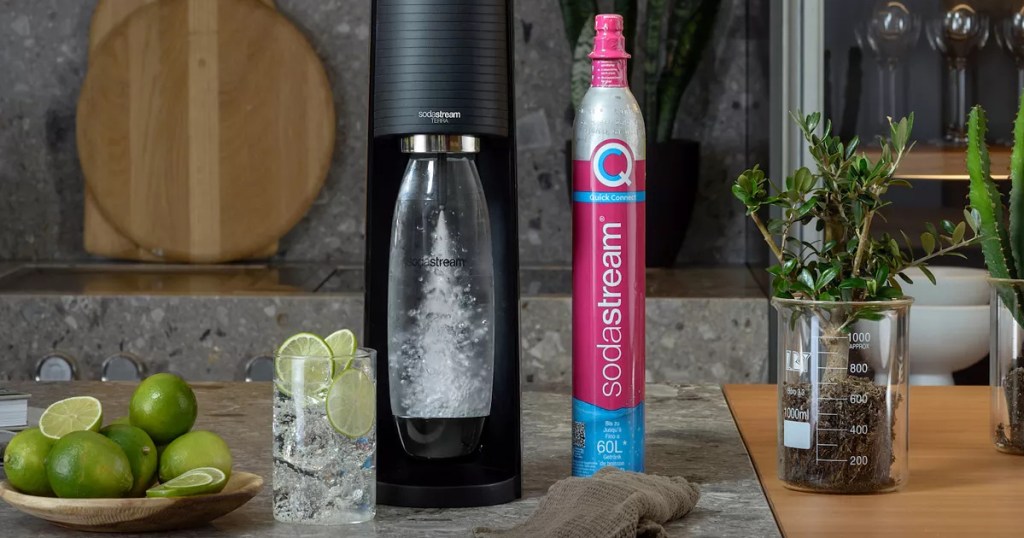 black sparkling water maker and CO2 cartridge