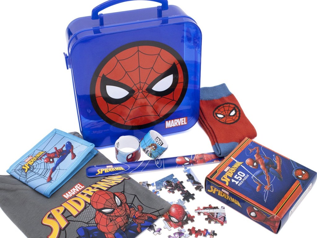 spiderman lunchbox, shirt, socks and stickers