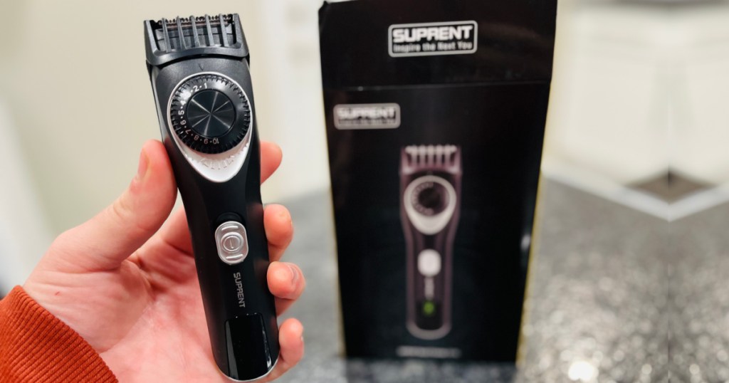 suprent beard trimmer in box and hand