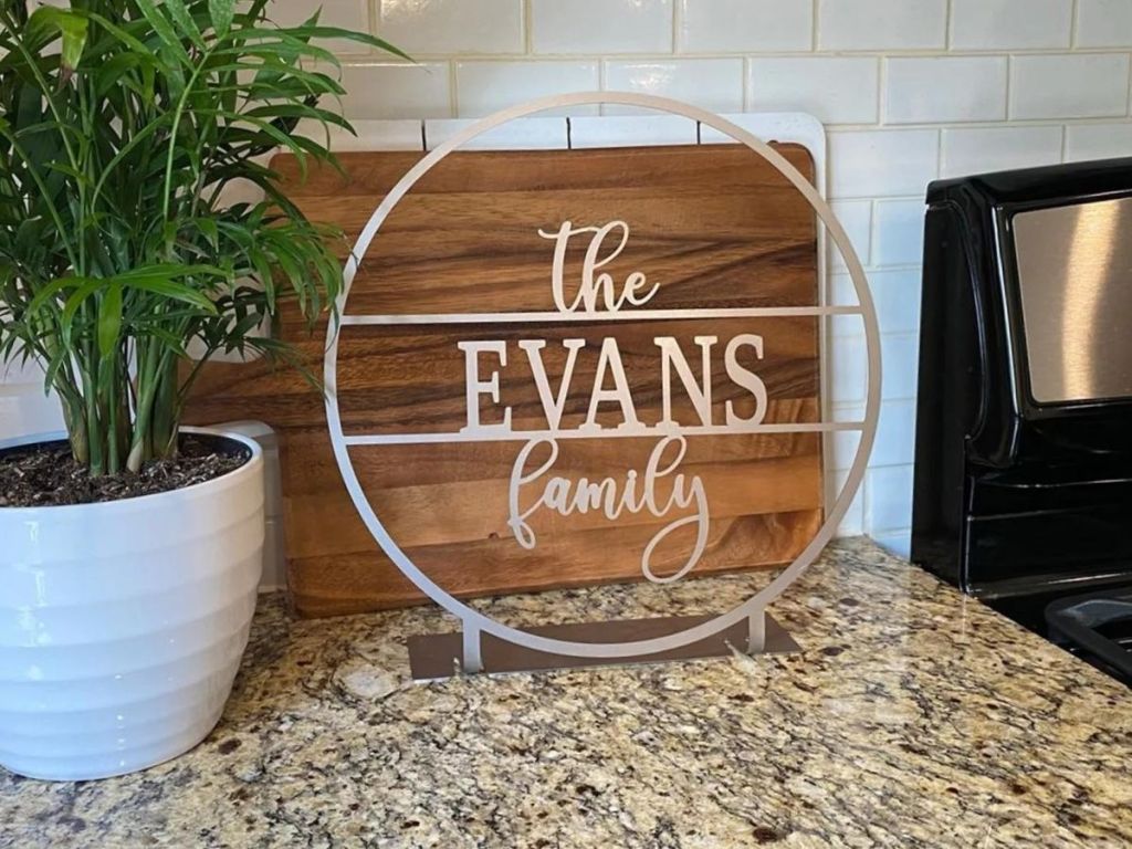 The Evans Family sign on counter