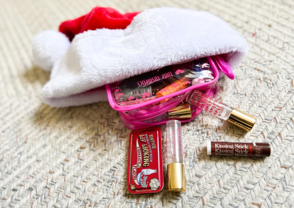 beauty products in santa hat