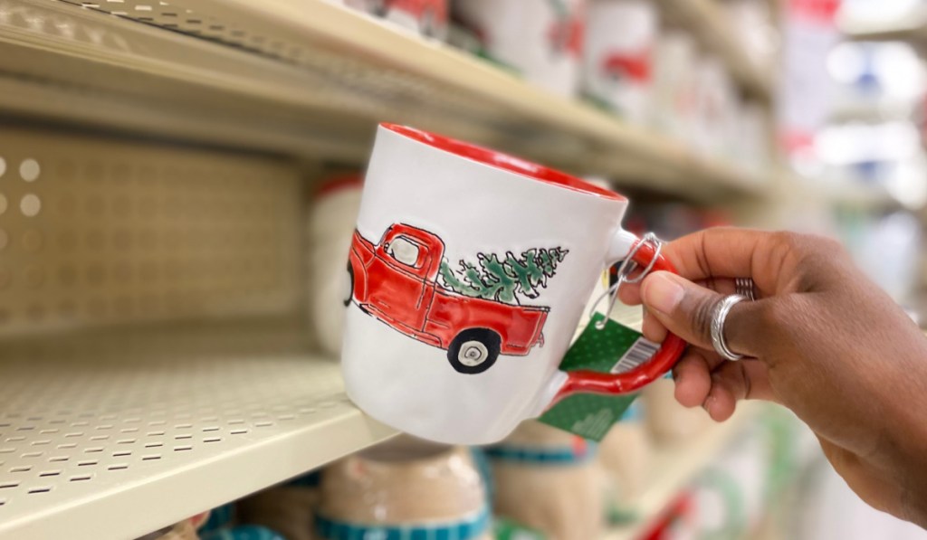 truck with christmas tree in trunk mug