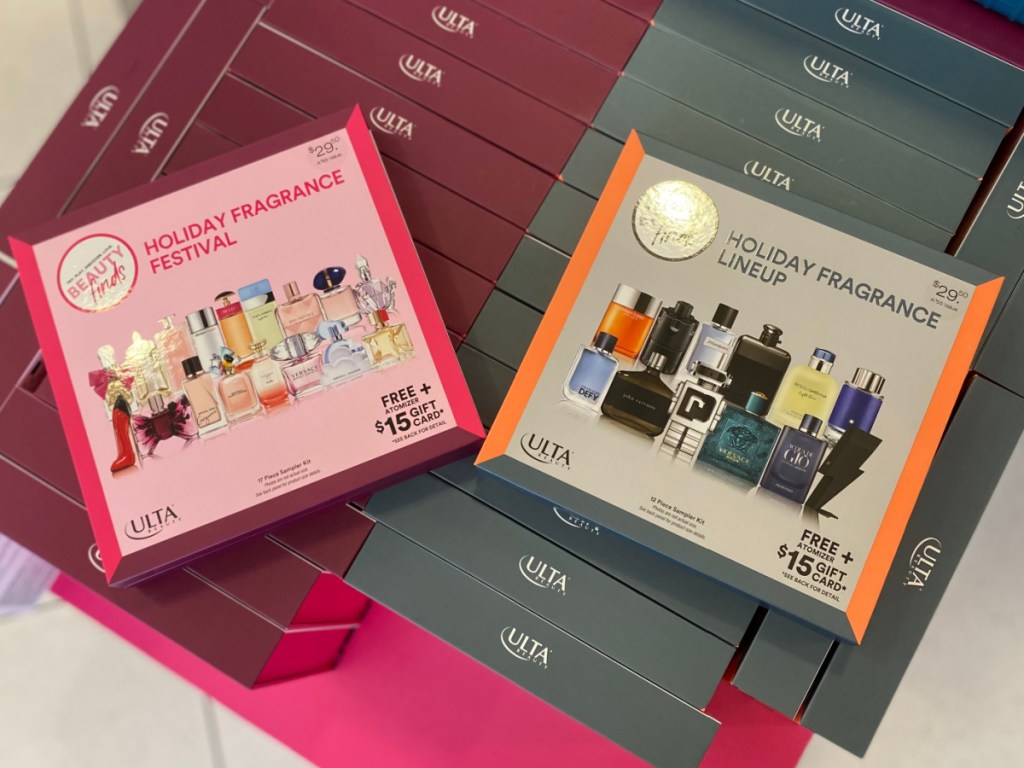 boxes with perfume samples on store display