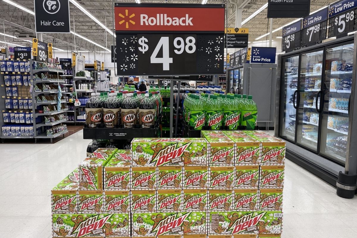 stacks of Mountain Dew cans in Walmart