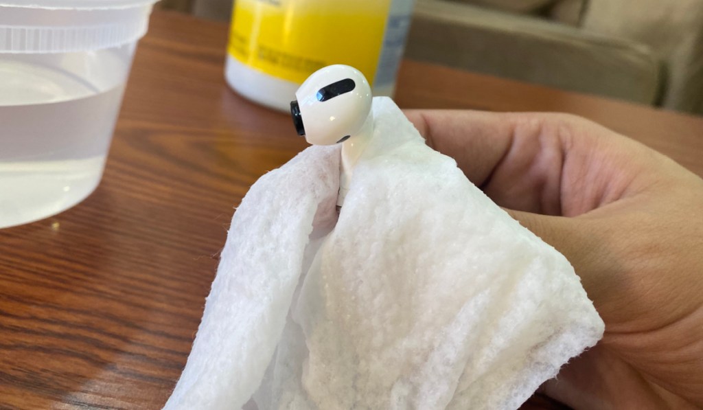 wiping airpod with clorox wipe