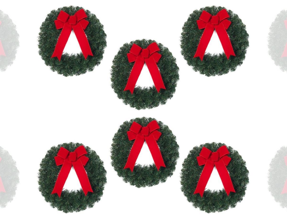 20" Unlit Artificial Christmas Wreath with Red Bow 6-Pack