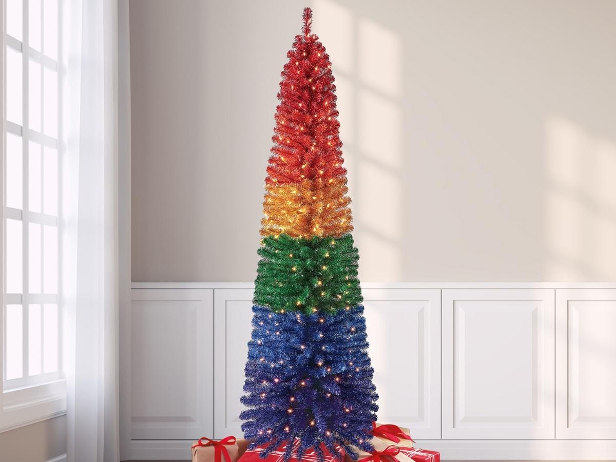 7' Holiday Time Pre-Lit Rainbow Tinsel Spruce Christmas Tree