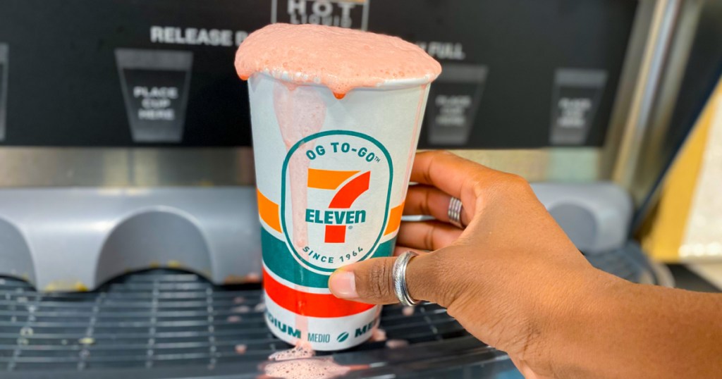 cup of pink hot cocoa at 7-eleven