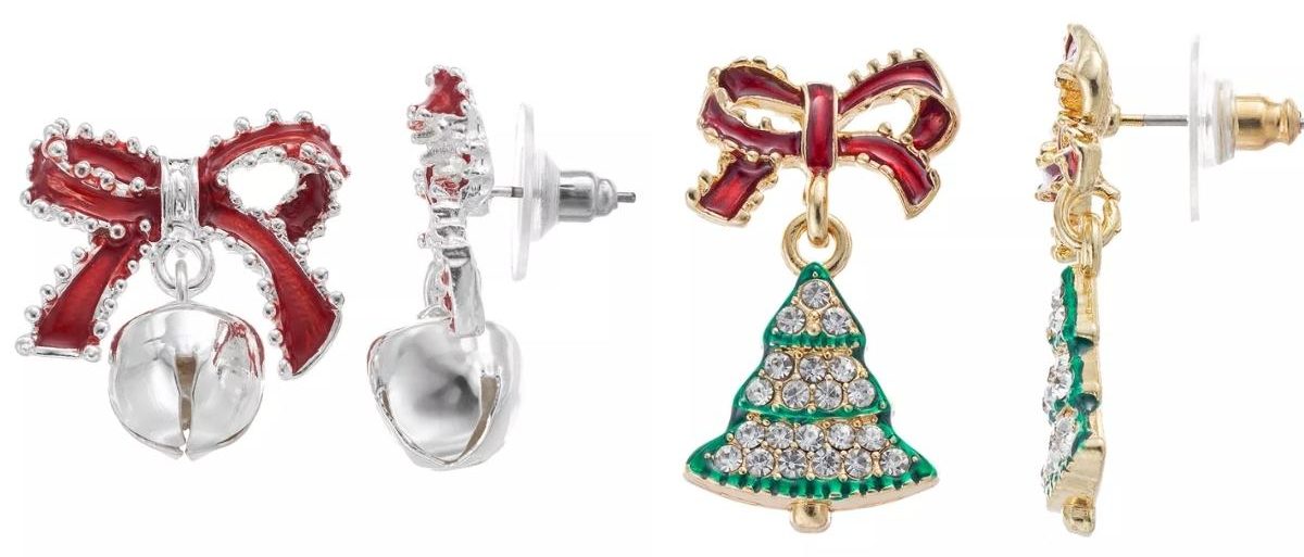 jingle bell and christmas tree ugly christmas earrings