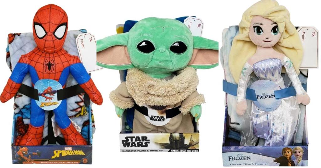 character throw blankets with hugger with spider man, baby yoda, and elsa