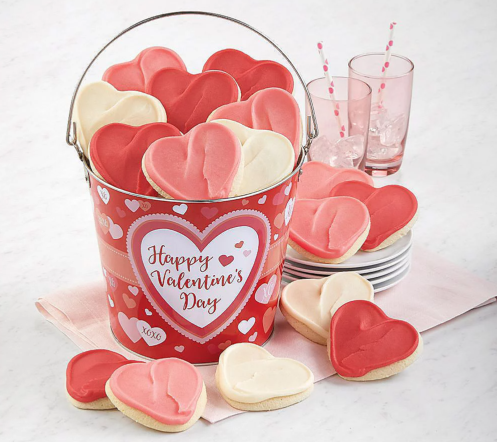 pail with heart shaped cookies in it