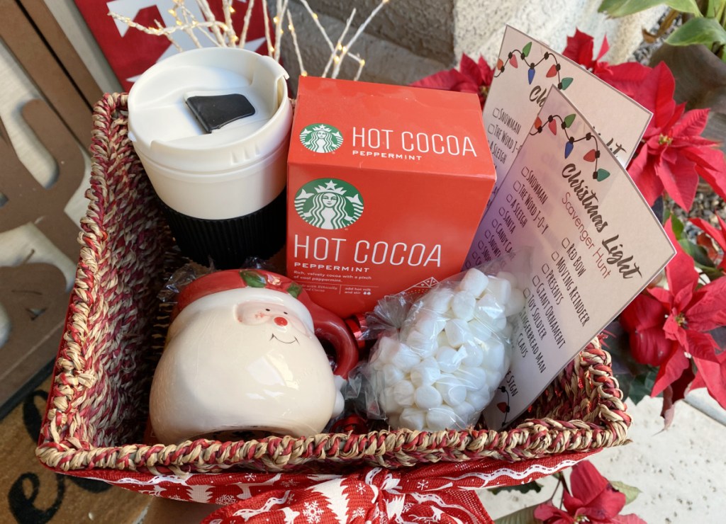 A Christmas Gift basket that includes a free Christmas lights scavenger hunt list