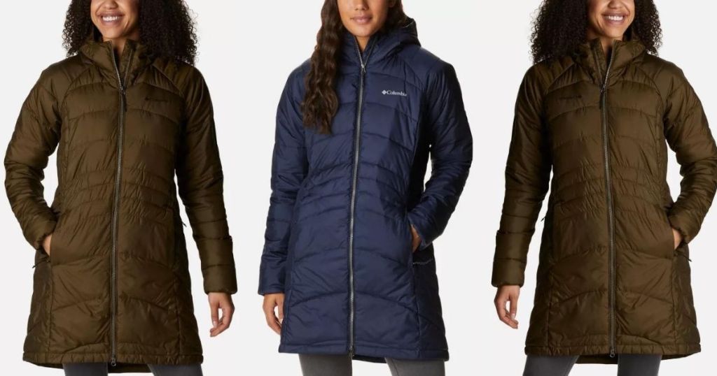 three women wearing winter jackets