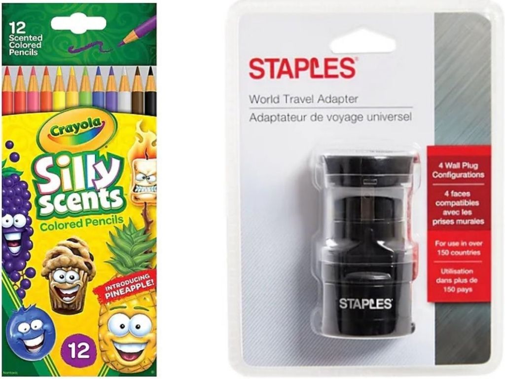 Crayola Colored Pencils and Staples World Travel Adapter
