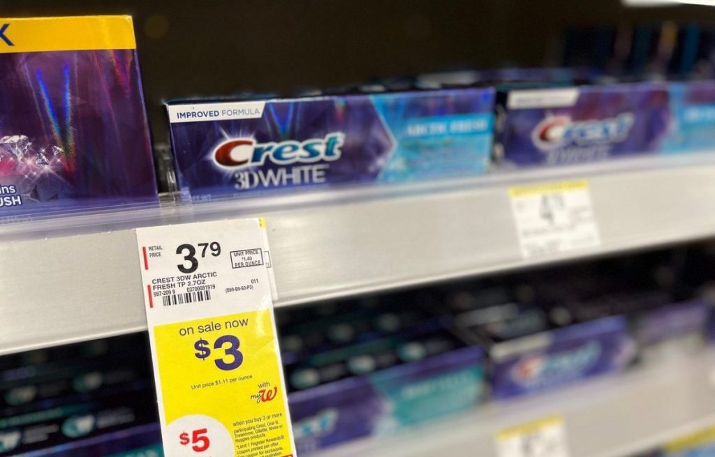 Crest 3D White Toothpaste on store shelf