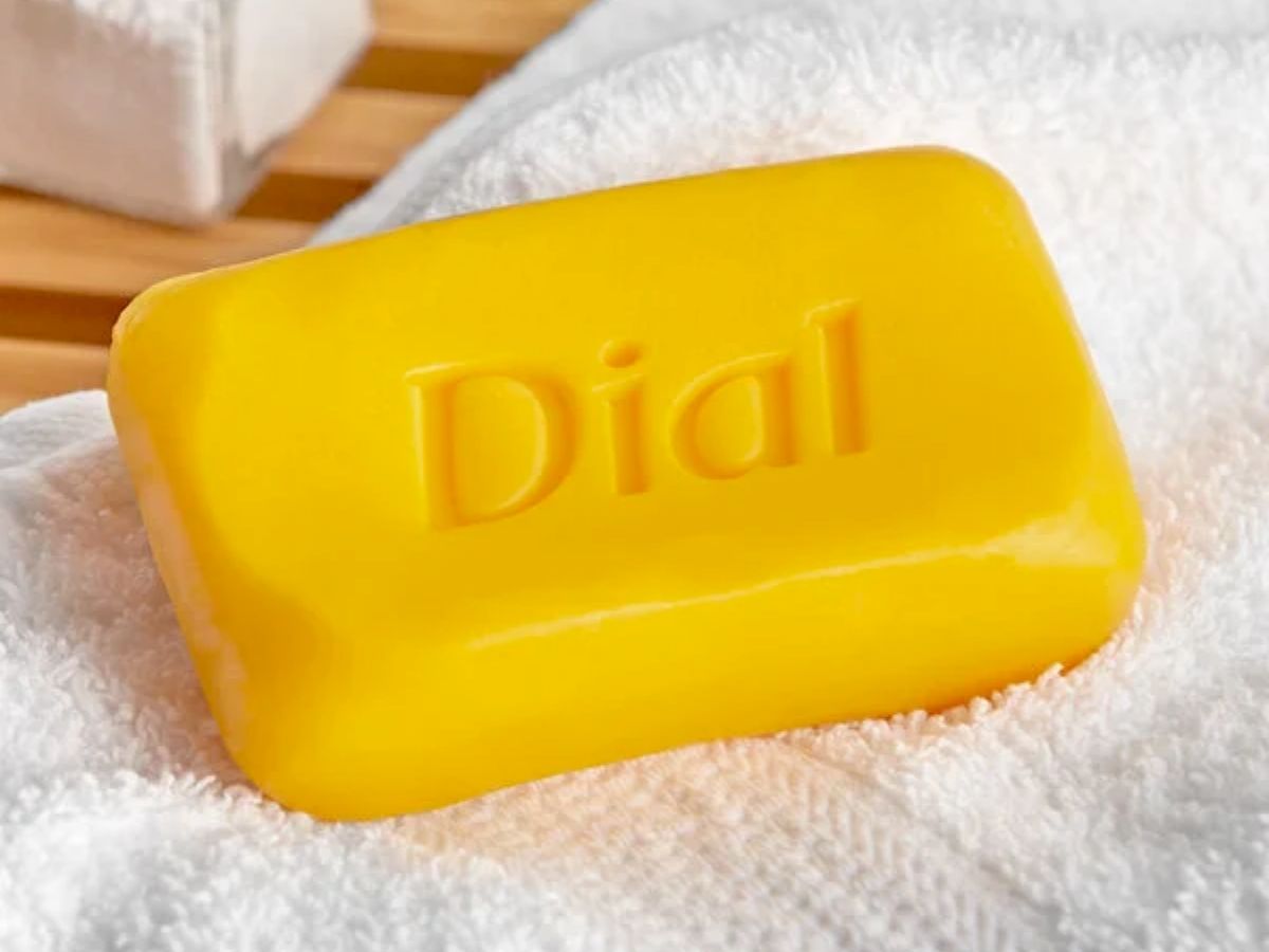dial bar soap sitting on towel