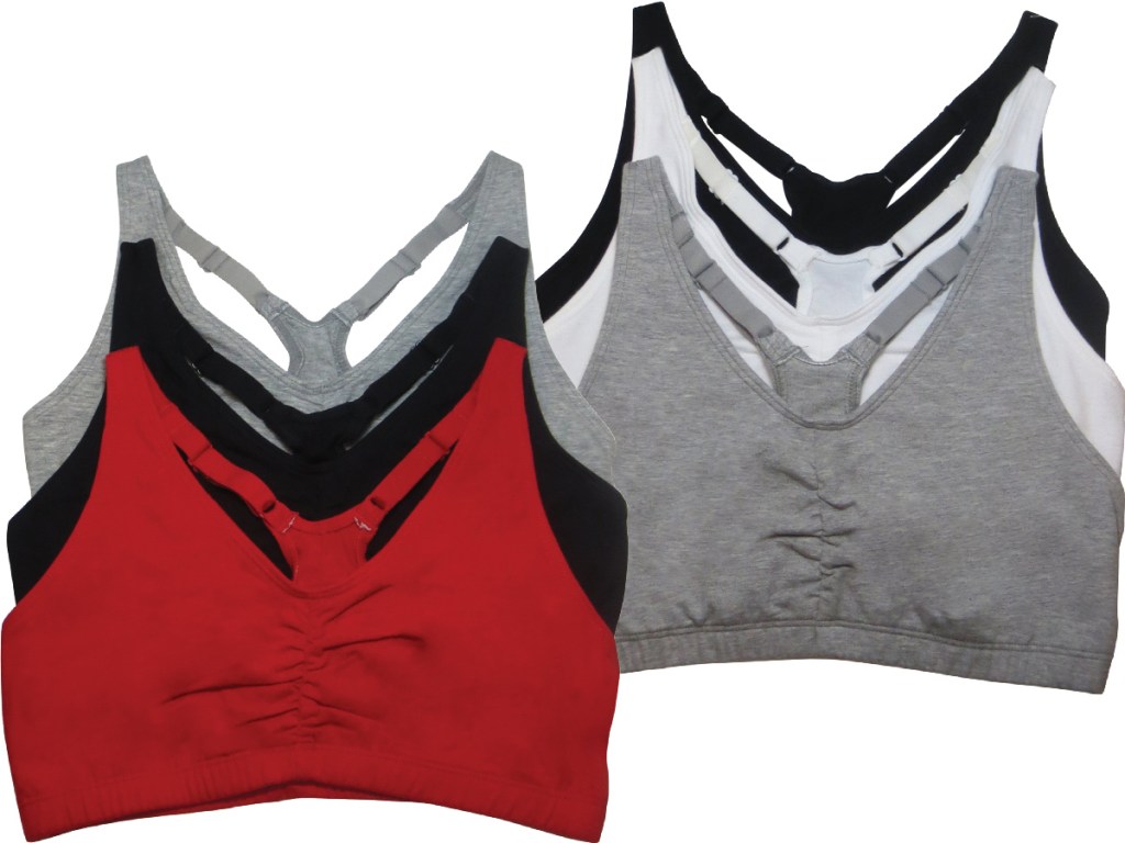 pack of red, grey and white sports bras, and pack of white, grey and black sports bras