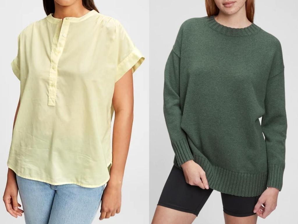 gap women's popover shirt and green sweater