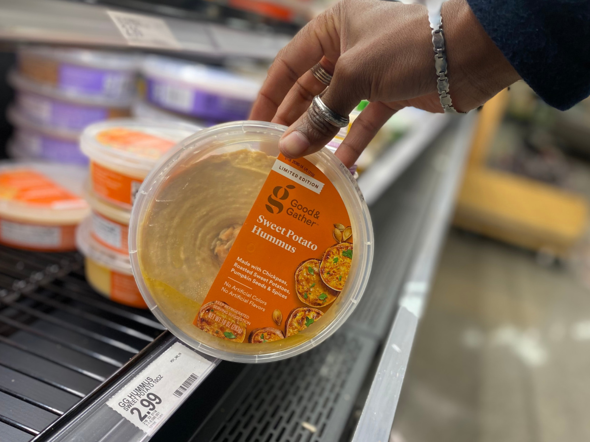 container of sweet potato hummus in store