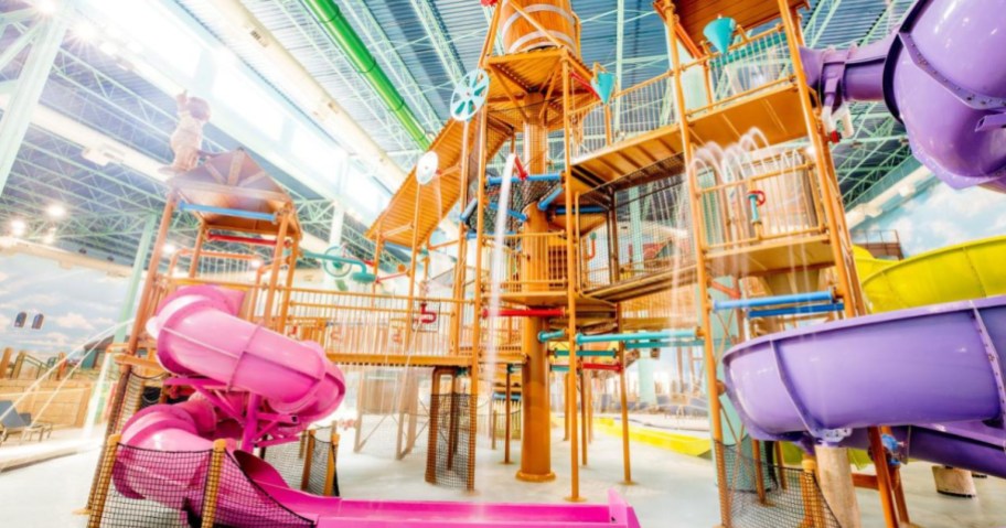 indoor water park with purple and pink slides