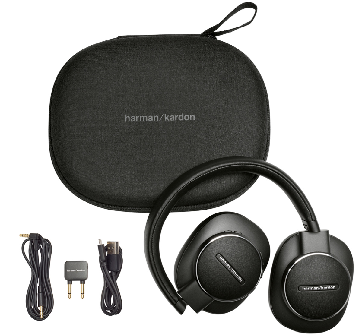 black headphones, carrying case, and accessories