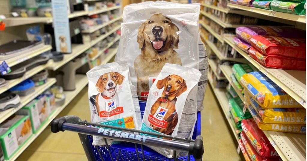 Hill's dog food bags in PetSmart shopping cart