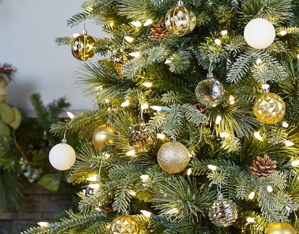 gold ornaments on christmas tree