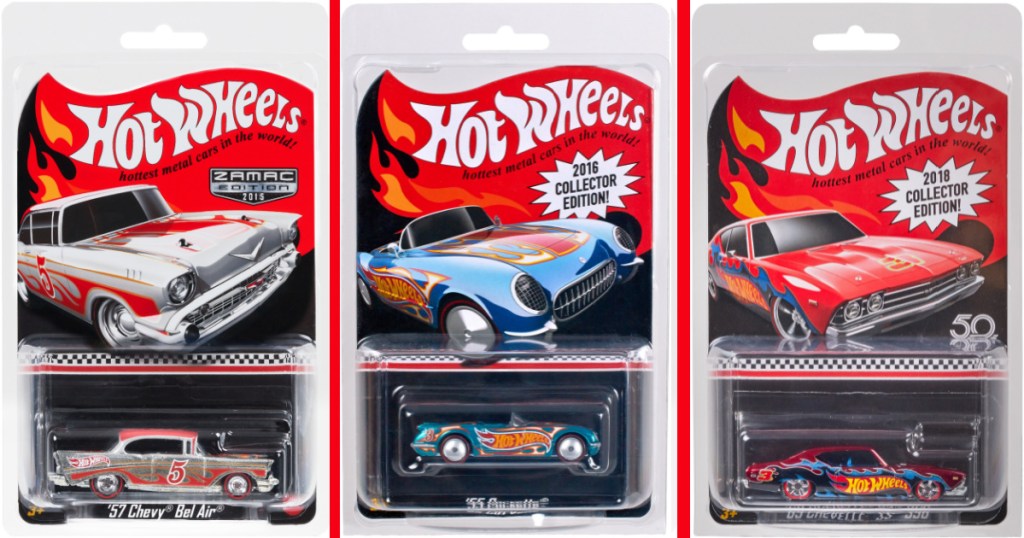 three Hot Wheels cars