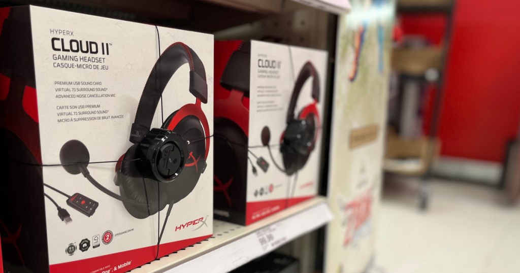 black and red gaming headset on shelf 
