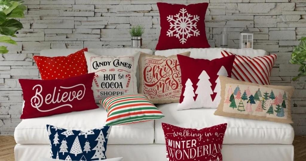 jane christmas pillow covers on couch