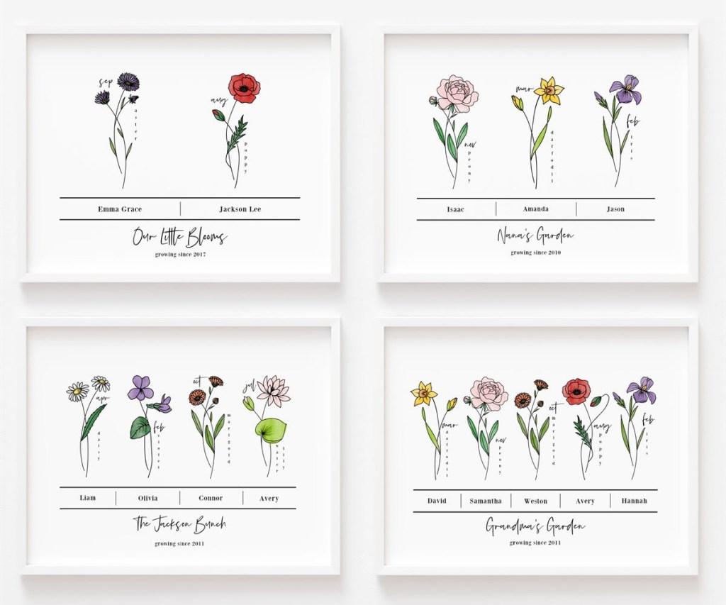 four Custom Birth Flower Prints in white frames