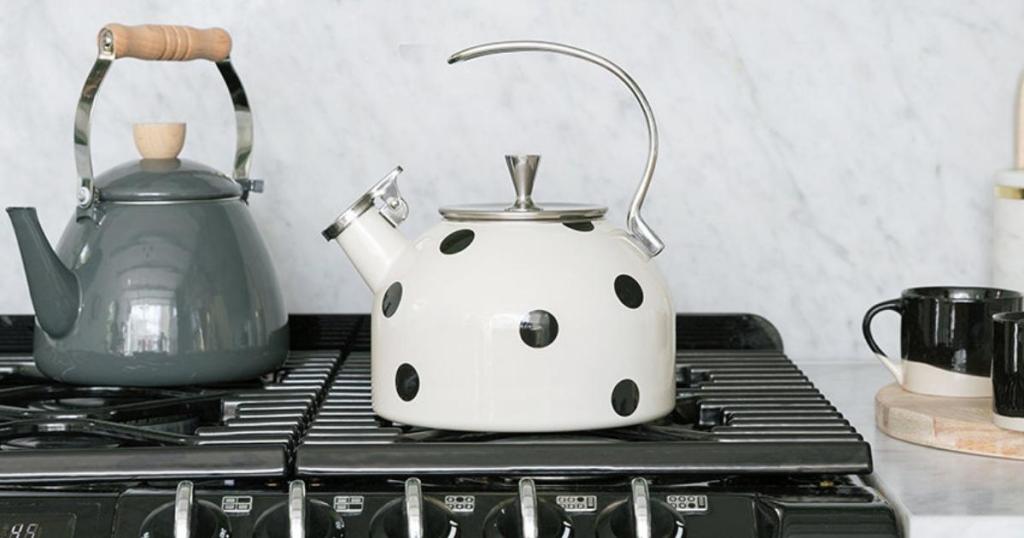 kate spade black deco scatter dot tea kettle on stovetop