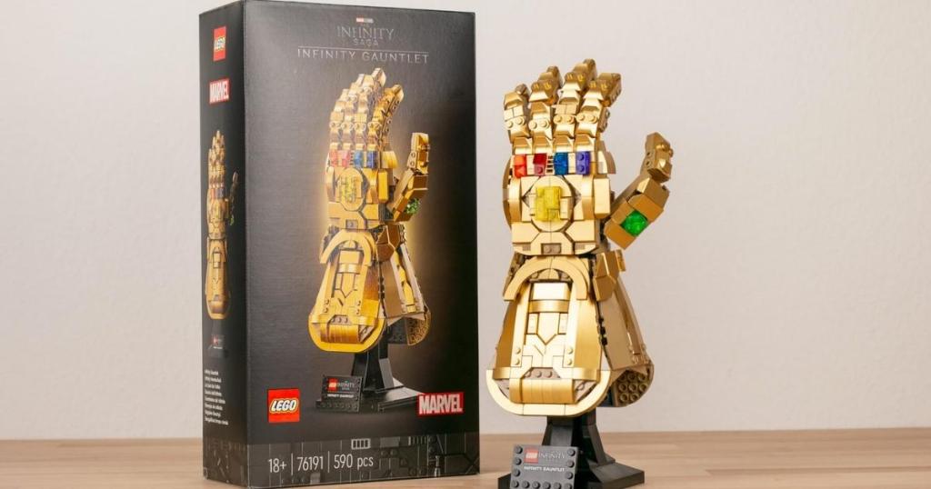 lego infinity gauntlet building kit on display with box