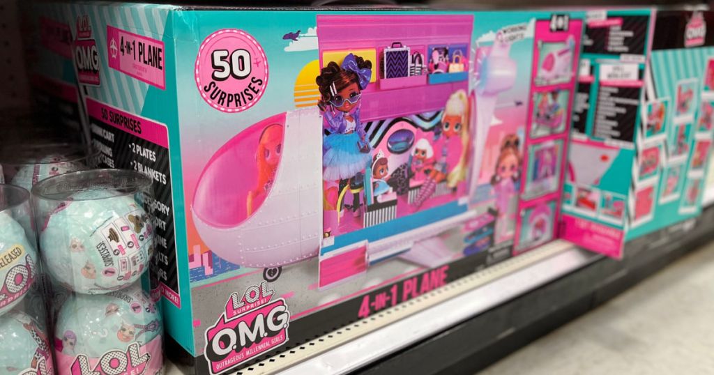pink toy plane on shelf 