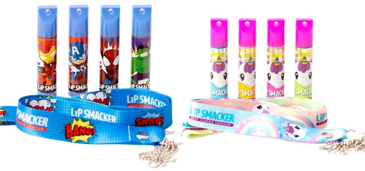 lip smacker lip balm 4 pack with marvel and unicorn characters and lanyards