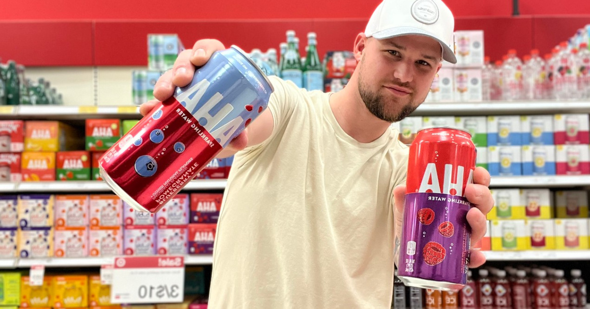 Man holding AHA Sparkling Beverages