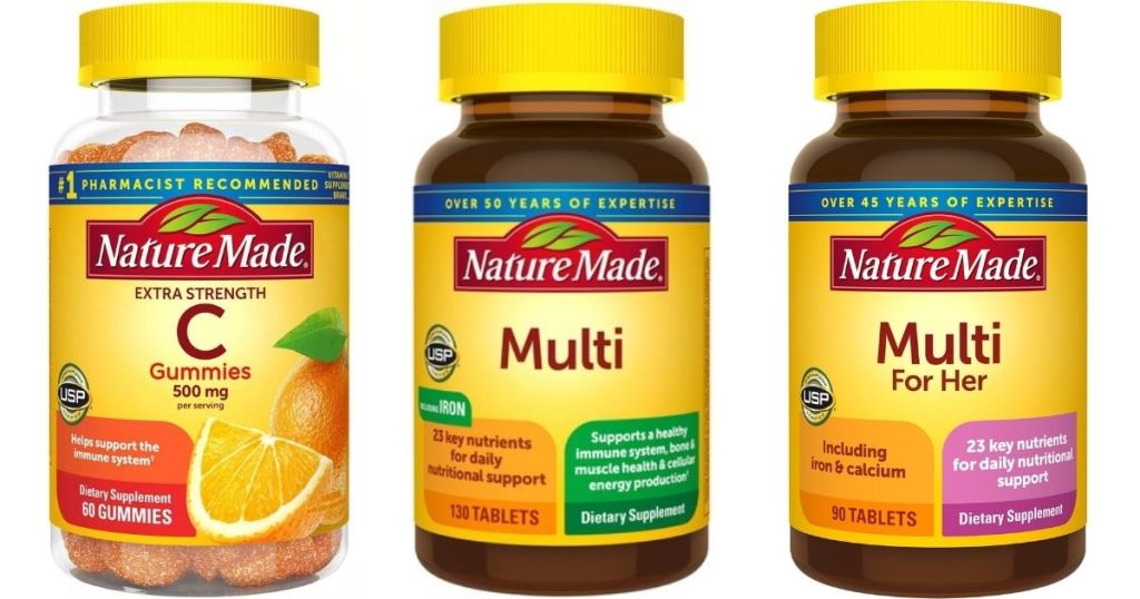 three bottles of Nature Made vitamins