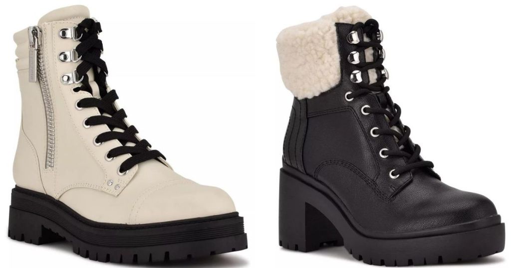 white lace up combag boots and black with sherling combat boots
