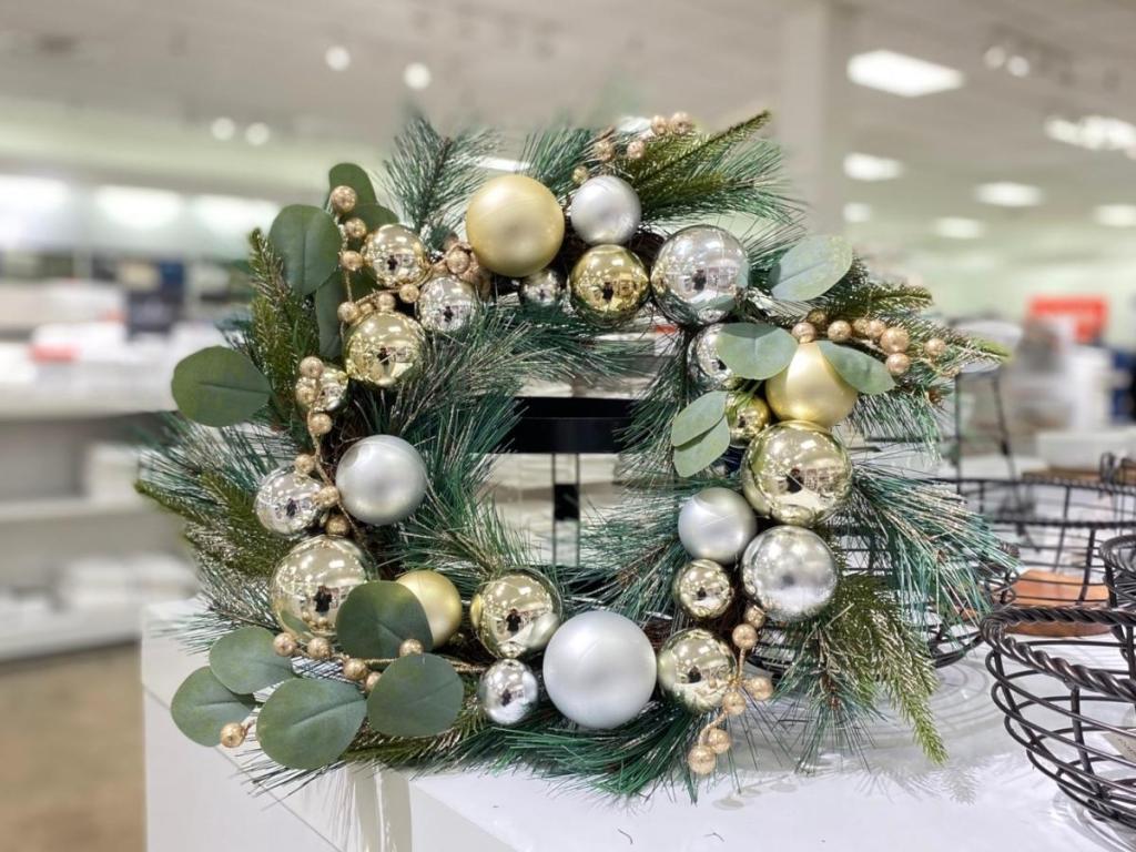 north pole trading co gold and silver ornament wreath in store