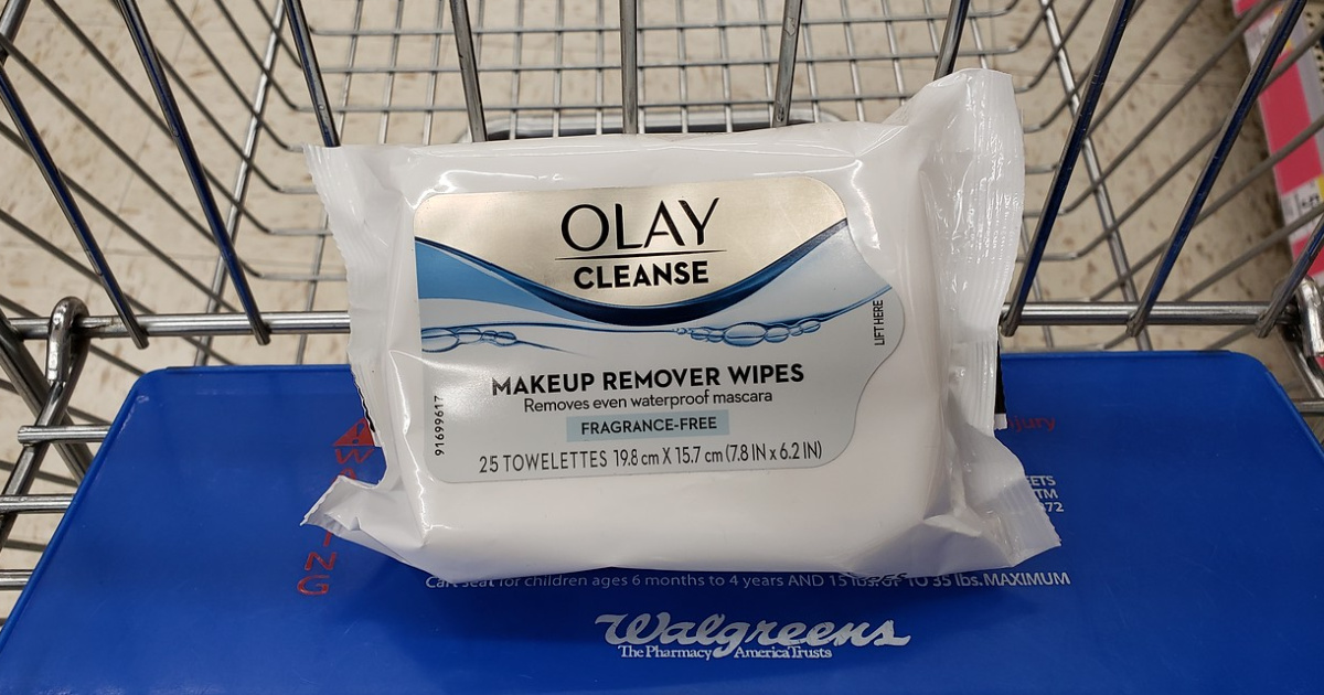 Olay Cleanser makeup remover wips in walgreens shopping cart