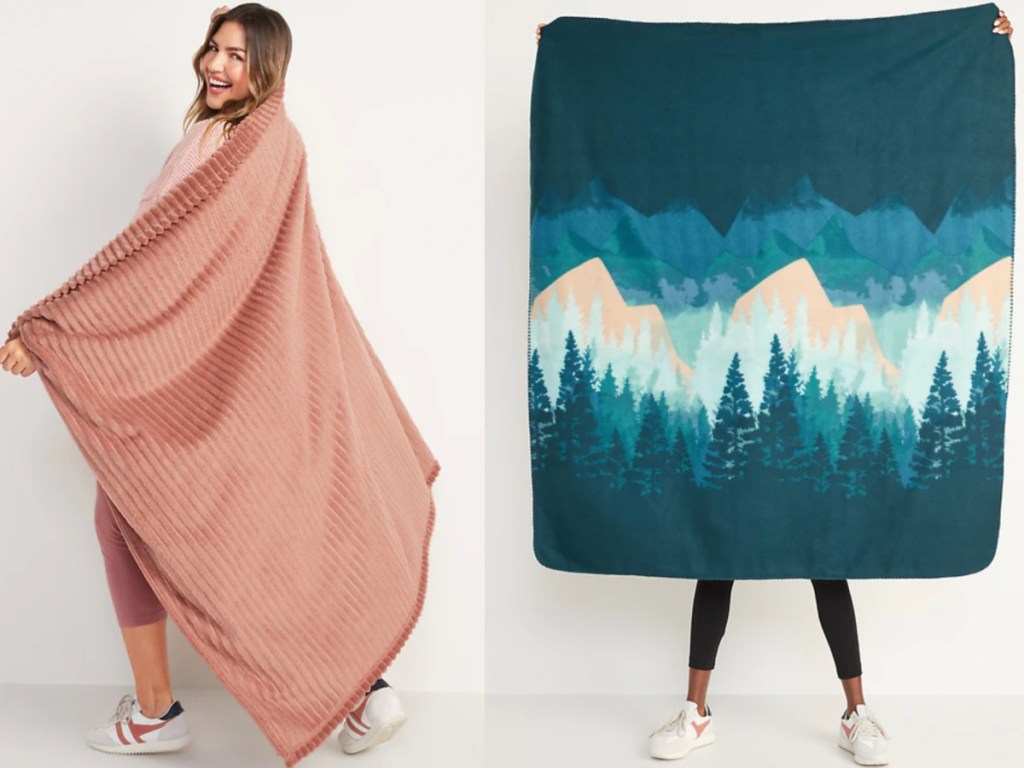 women holding up different old navy blankets
