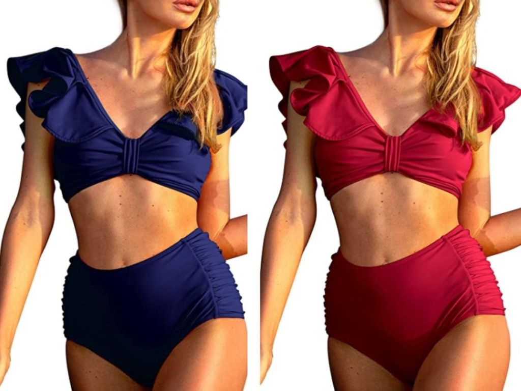 woman wearing blue two-piece swimsuit and woman wearing red 2-piece swimsuit