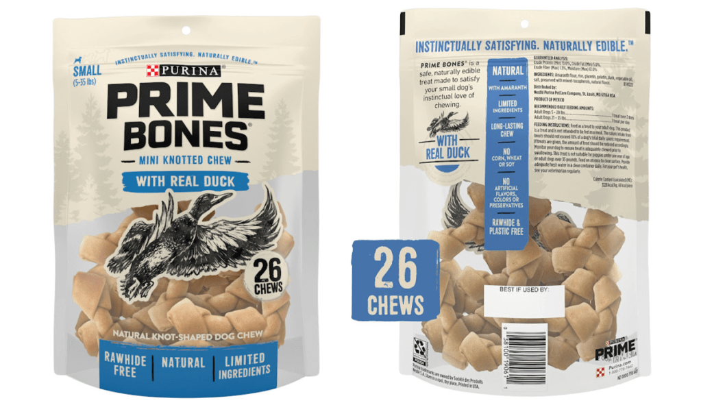 the front and back of a purina prime bones package