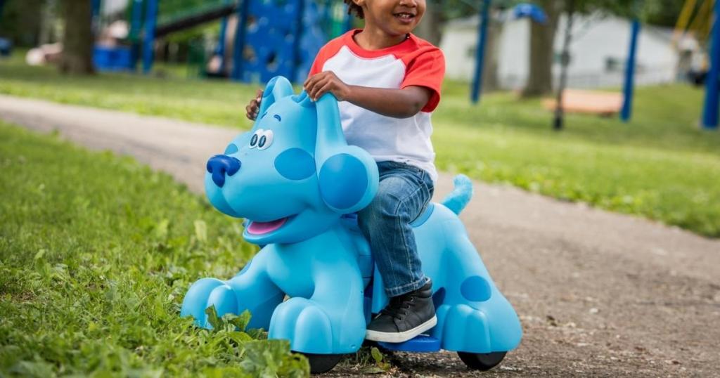 child riding rideamals snack time blue ride on toy