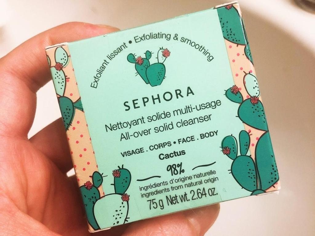 hand holding sephora all over solid skin cleanser in cactus
