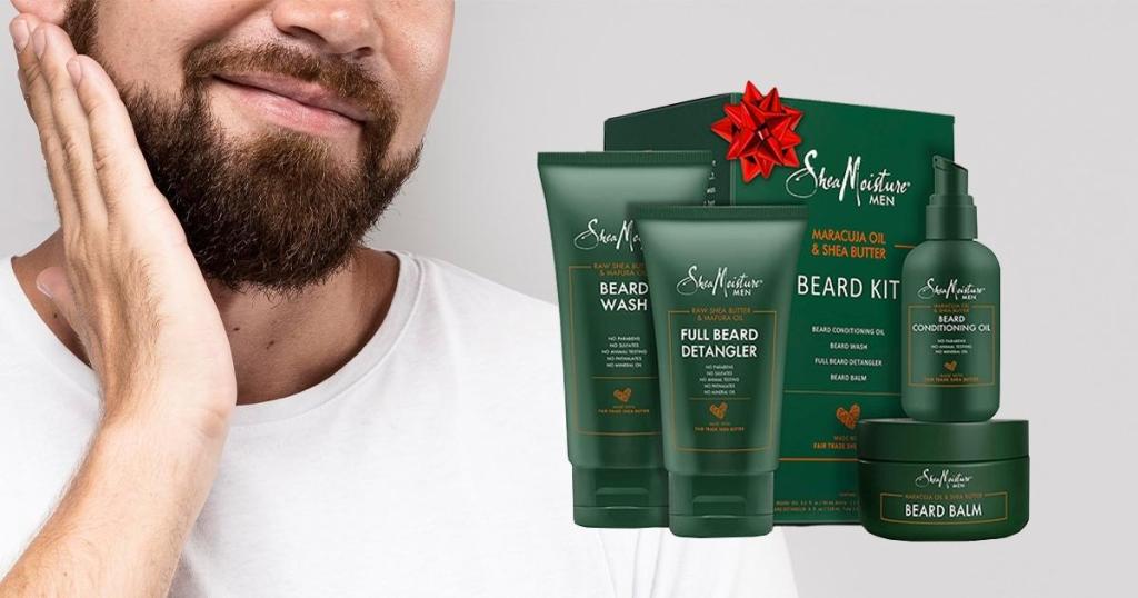 shea moisture beard care kit with bearded man