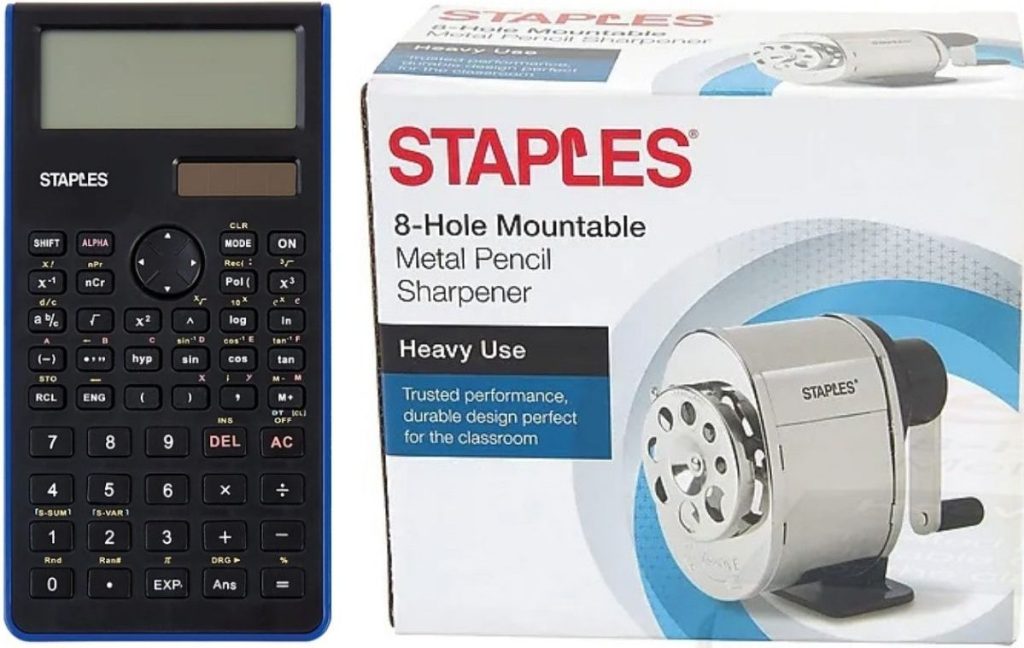 Staples calculator and pencil sharpener